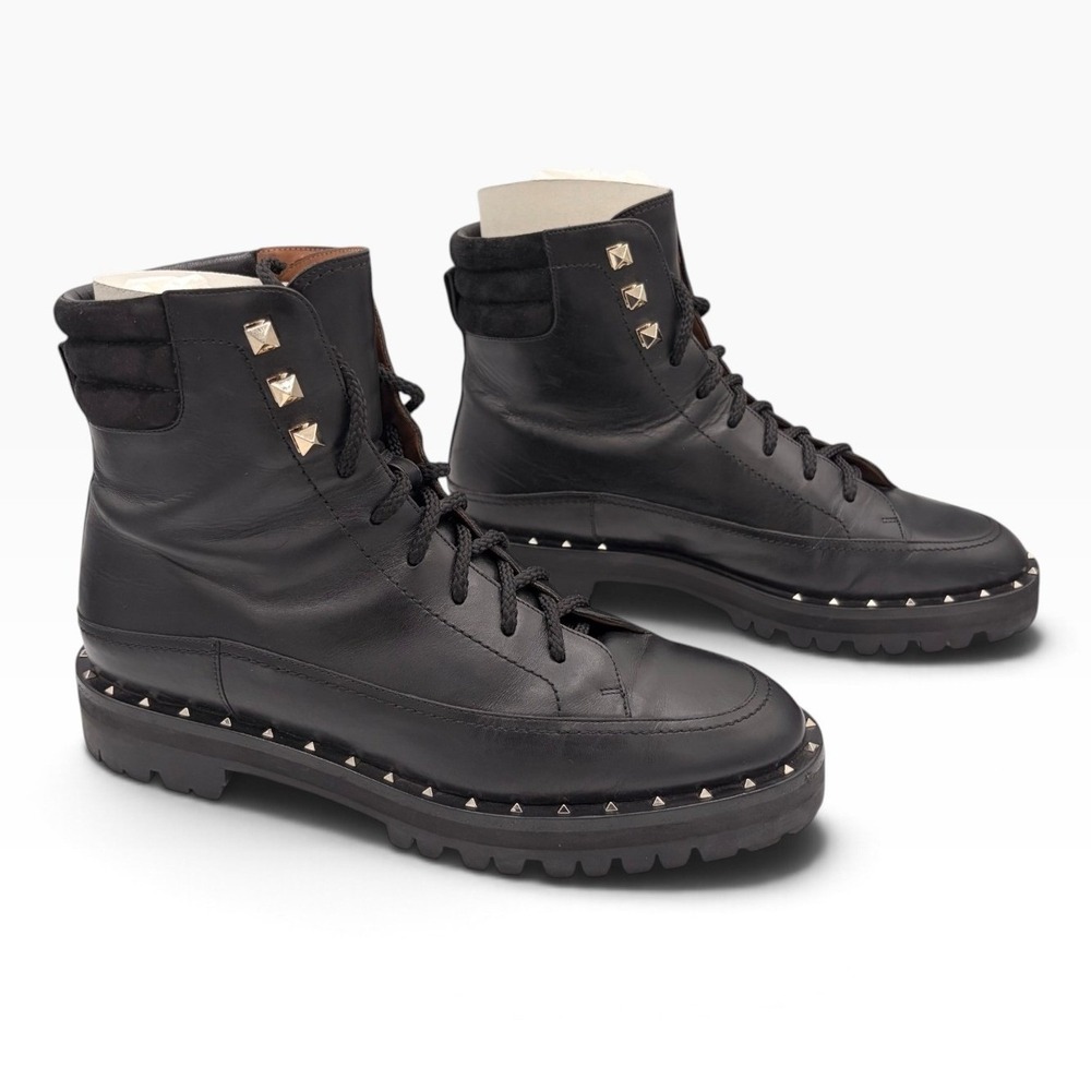 Valentino Garavani Rockstud Nero Combat Boot 38 Box Black Leather Lug Sole